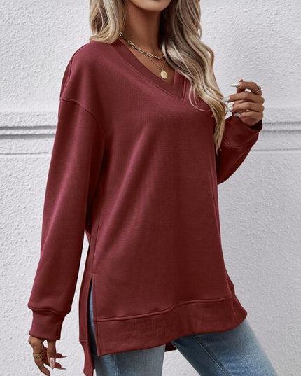 V-Neck Slit Long Sleeve Sweatshirt