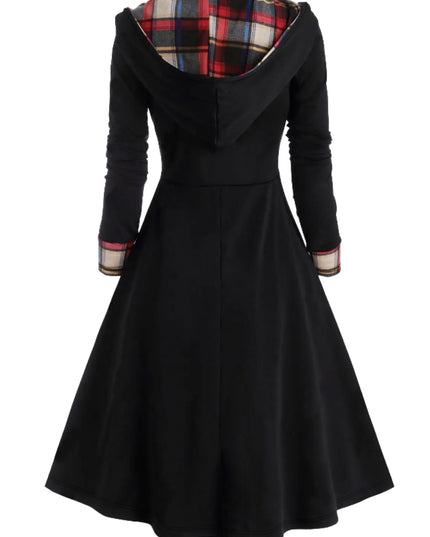 Plus Size Plaid Buttoned Long Sleeve Hooded Dress