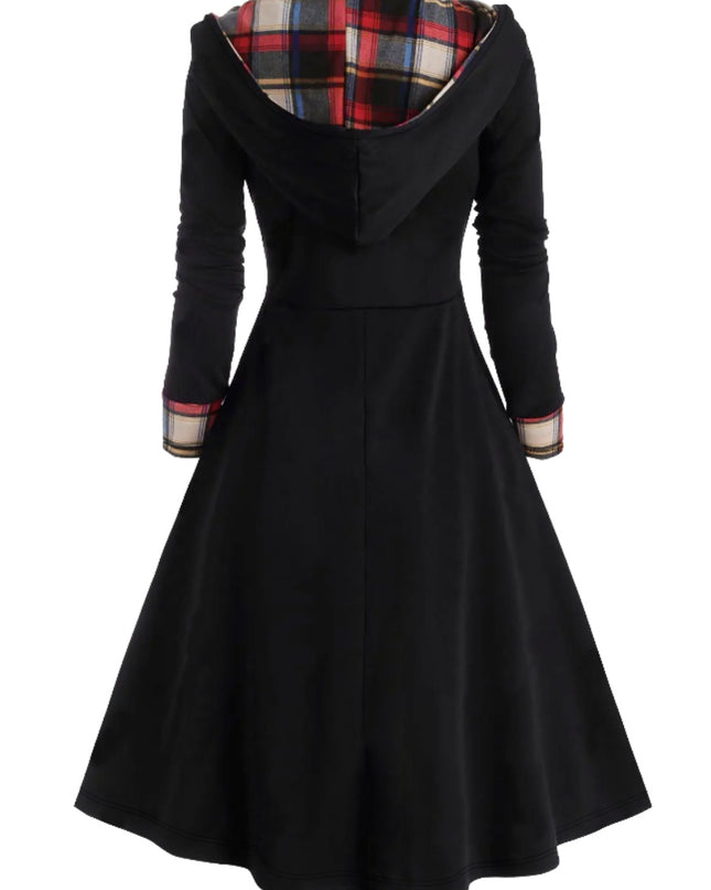 Plus Size Plaid Buttoned Long Sleeve Hooded Dress