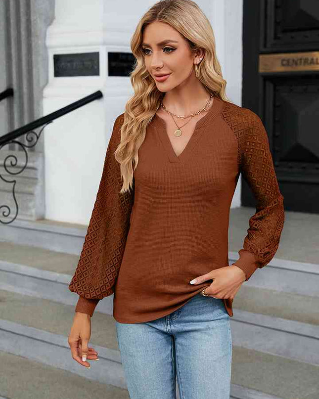 Notched Neck Long Sleeve Blouse