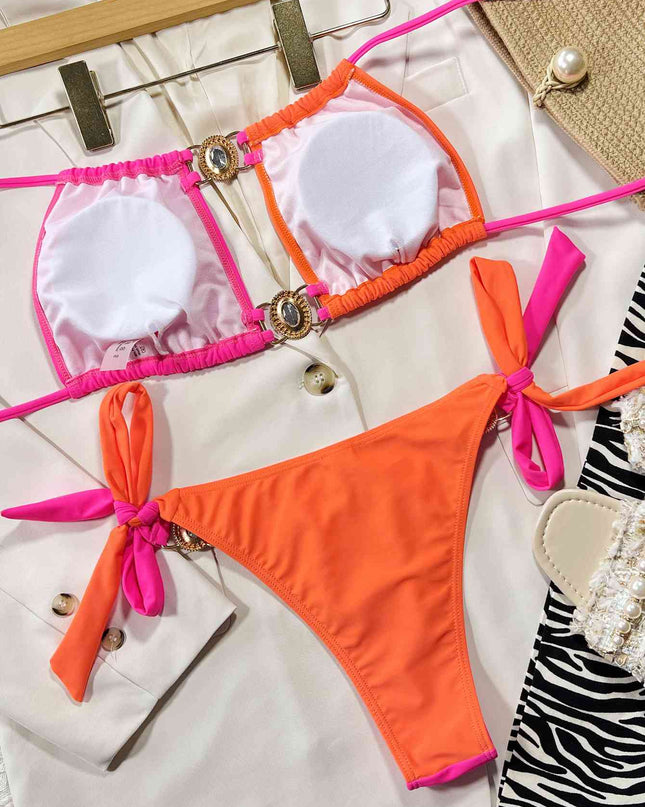 Color Block Tied Halter Neck Bikini Set