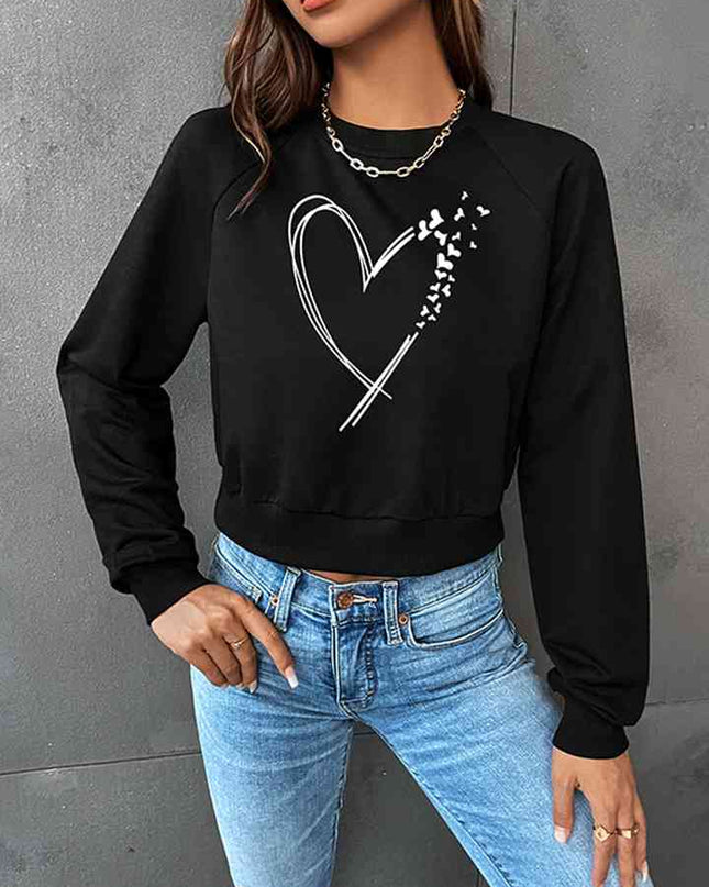 Round Neck Raglan Sleeve Heart Graphic Sweatshirt