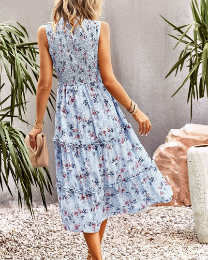 Frill Trim Smocked Sleeveless Midi Dress