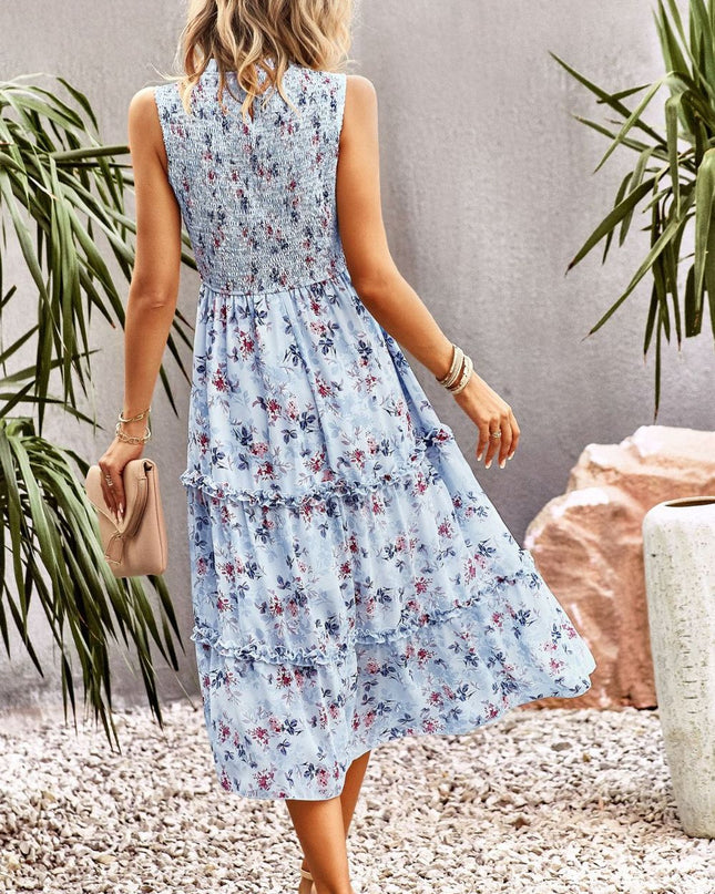Frill Trim Smocked Sleeveless Midi Dress