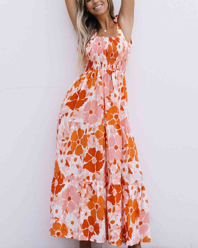 Floral Tie-Shoulder Smocked Maxi Dress