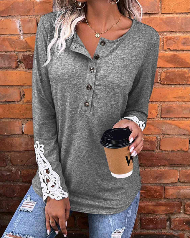 Half Button Lace Detail T-Shirt