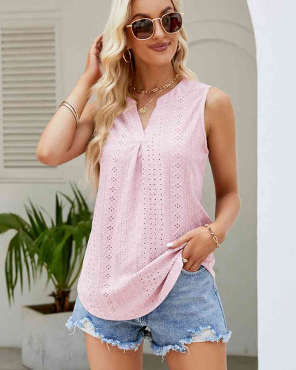 Notched Neck Curved Hem Eyelet Tank