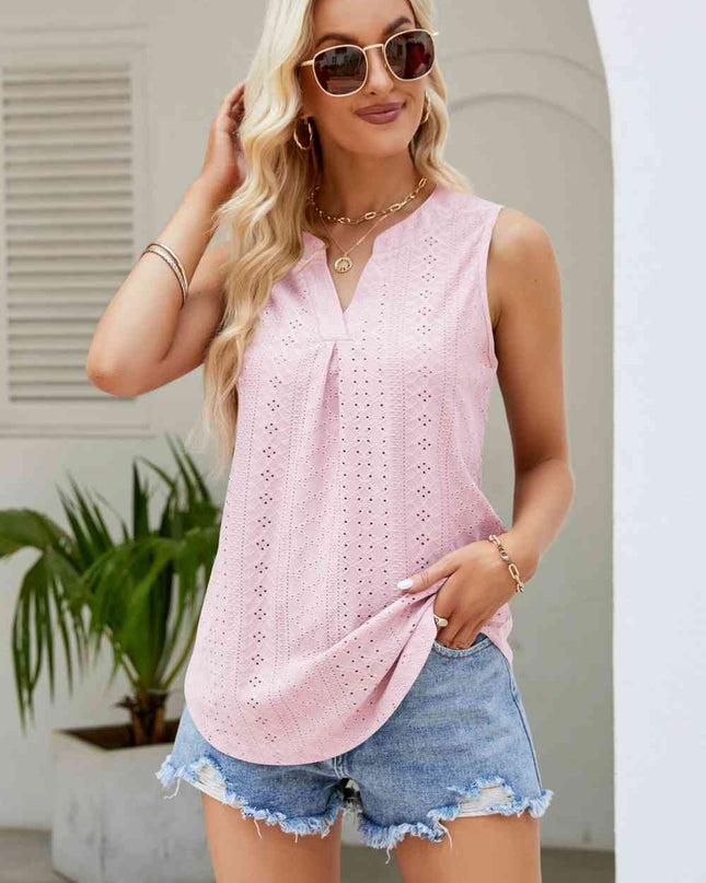 Notched Neck Curved Hem Eyelet Tank