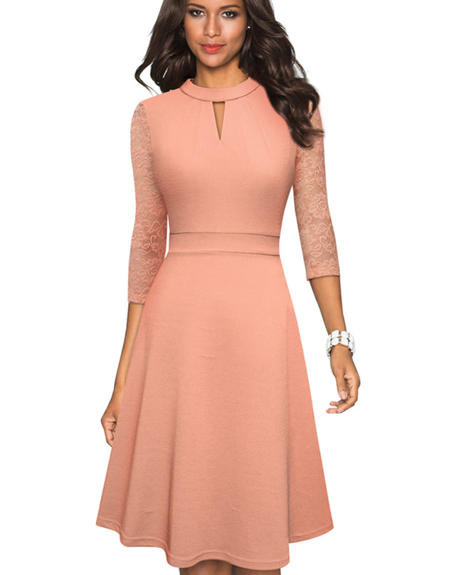 Round Neck Three-Quater Sleeve Cutout Dress