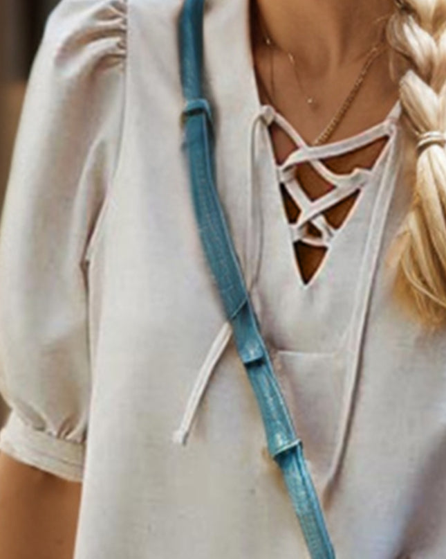 Lace-Up Lantern Sleeve Mini Dress
