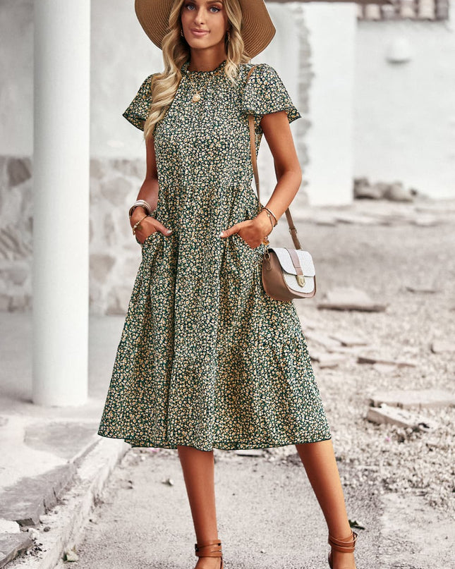 Round Neck Flutter Sleeve Midi Dress