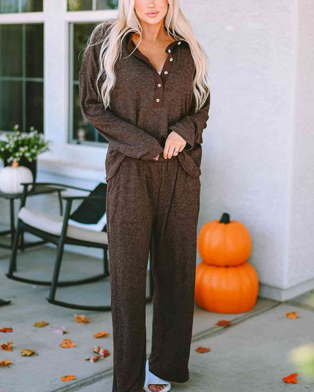 Buttoned Long Sleeve Top and Long Pants Lounge Set