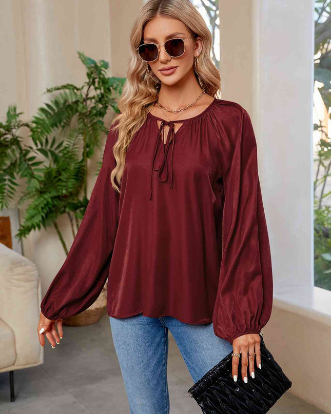 Tie Neck Balloon Sleeve Blouse