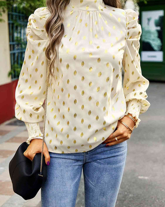 Printed Mock Neck Lantern Sleeve Blouse