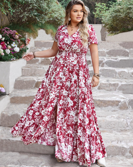 Plus Size Slit Printed V-Neck Maxi Dress