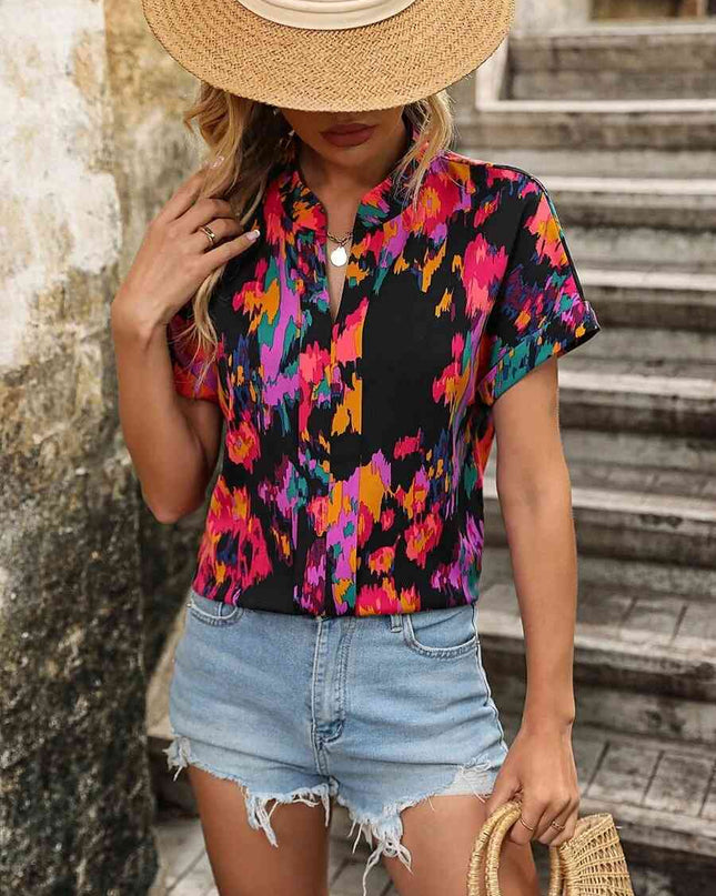 Printed Notched Neck Short Sleeve Blouse