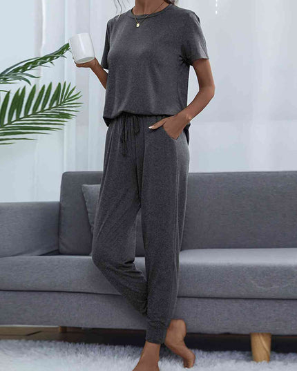 Round Neck Short Sleeve Top and Pants Set