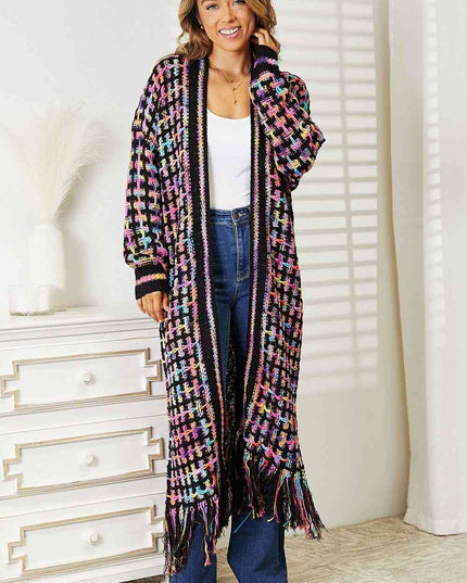 Double Take Full Size Multicolored Open Front Fringe Hem Cardigan
