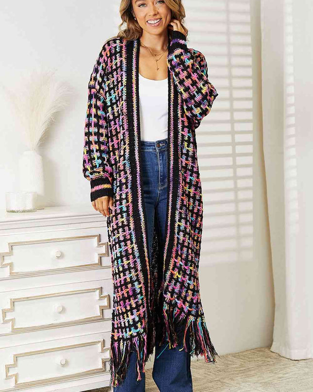 Double Take Full Size Multicolored Open Front Fringe Hem Cardigan