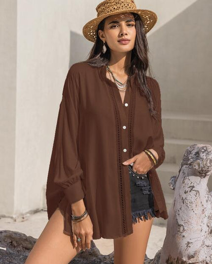 Openwork Button Up Long Sleeve Shirt
