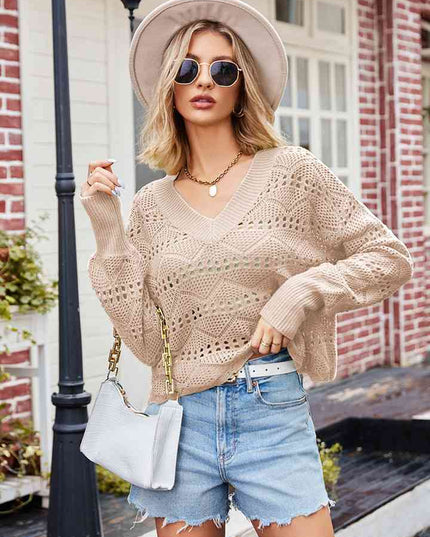 V-Neck Openwork Long Sleeve Sweater