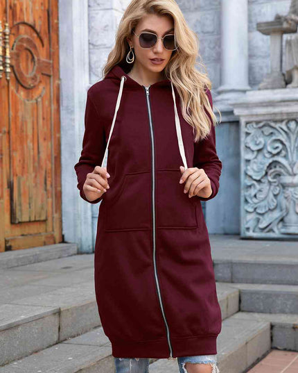 Zip-Up Longline Hoodie with Pockets
