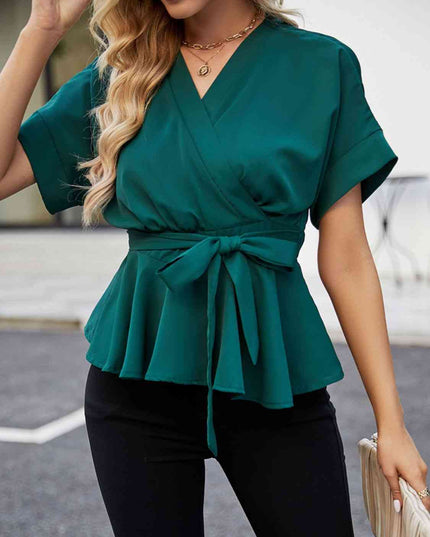 Surplice Neck Short Sleeve Front Tie Ruffle Hem Blouse