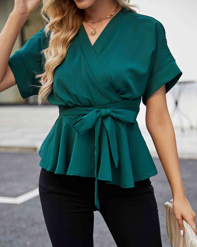 Surplice Neck Short Sleeve Front Tie Ruffle Hem Blouse