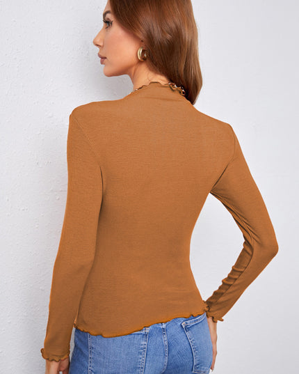 Mock Neck Lettuce Hem Long Sleeve Tee