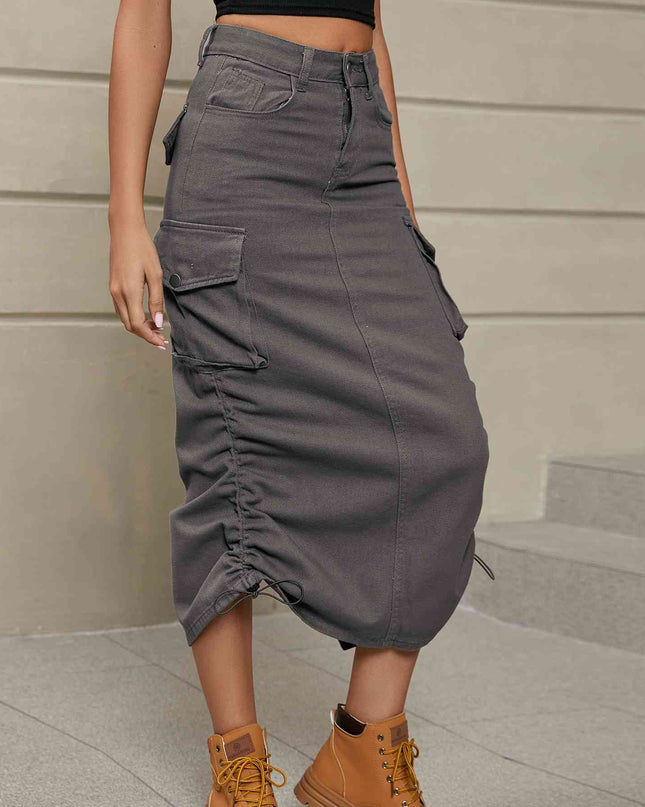 Drawstring Ruched Slit Denim Midi Skirt