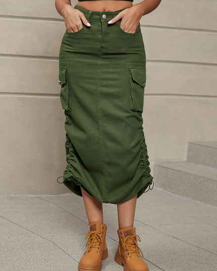 Drawstring Ruched Slit Denim Midi Skirt