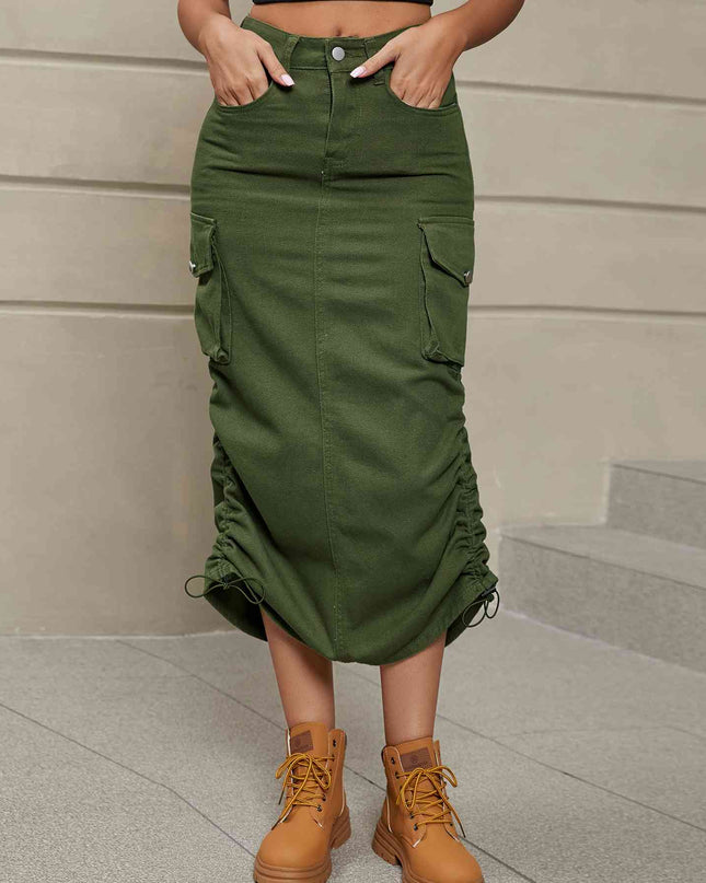 Drawstring Ruched Slit Denim Midi Skirt