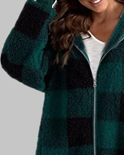 Plaid Zip-Up Hooded Jacket with Pockets