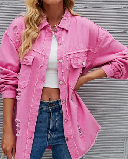 Distressed Raw Hem Denim Jacket