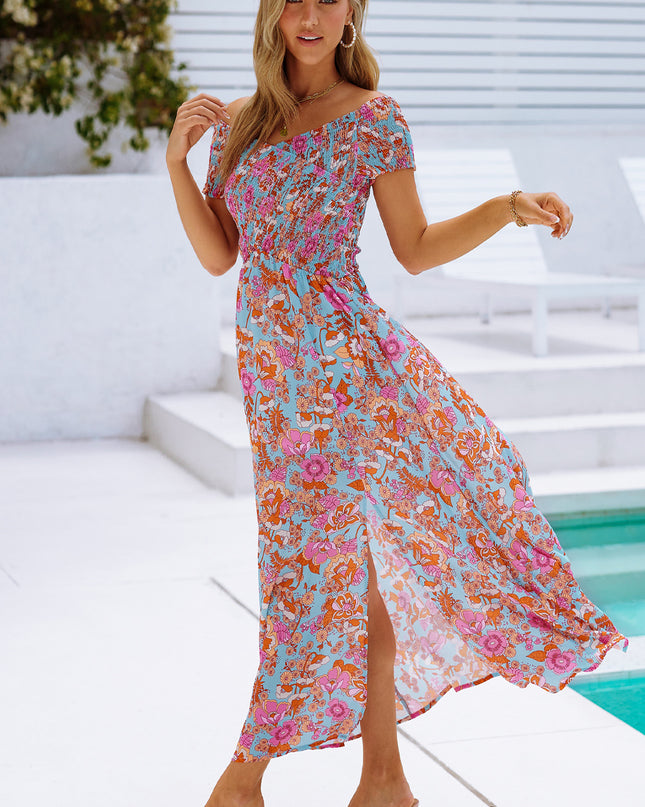 Floral Crisscross Smocked Off-Shoulder Dress
