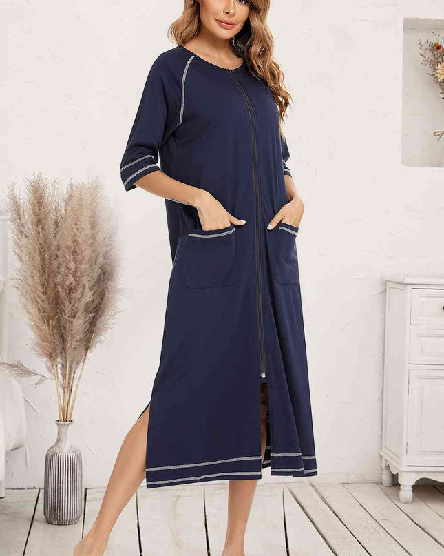 Zip Up Slit Round Neck Night Dress with Pockets