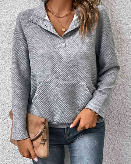 Half Buttoned Collared Neck Sweatshirt with Pocket