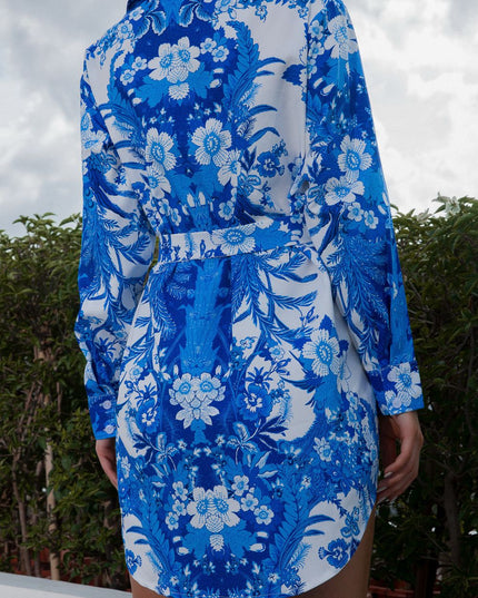Tie Waist Button-Down Collared Neck Printed Dress