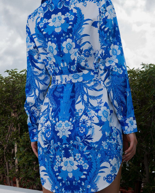 Tie Waist Button-Down Collared Neck Printed Dress