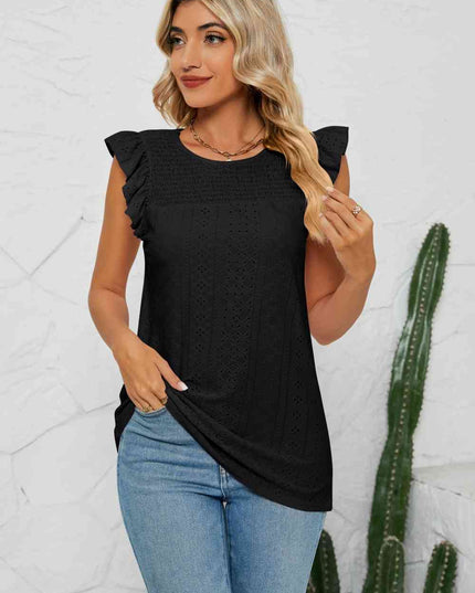 Smocked Round Neck Eyelet Top