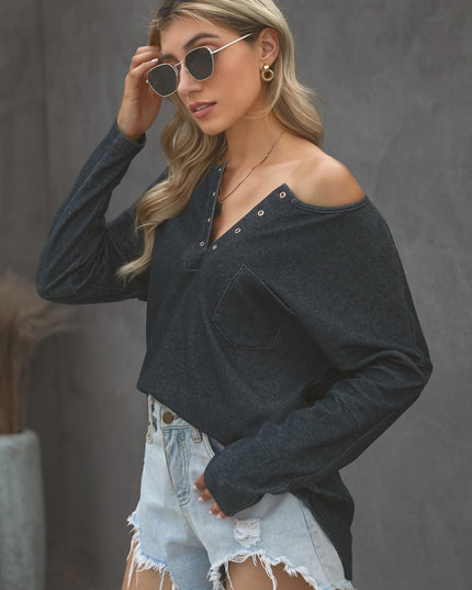 Grommet Long Sleeve V-Neck Top