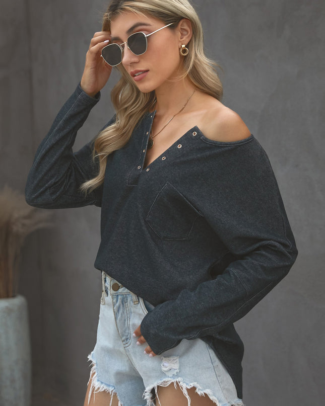 Grommet Long Sleeve V-Neck Top