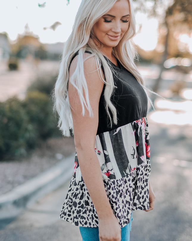 Leopard Floral Color Block V-Neck Tank Top
