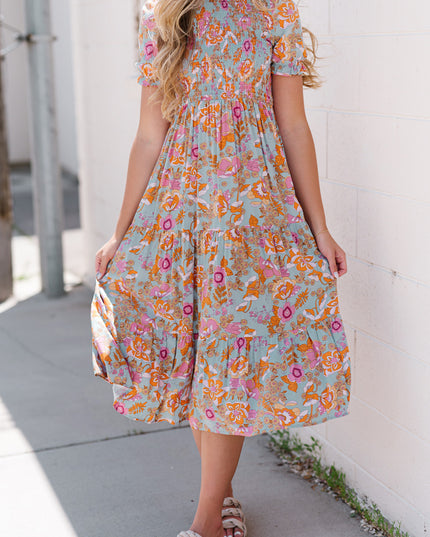 Floral Flounce Sleeve Round Neck Midi Dress