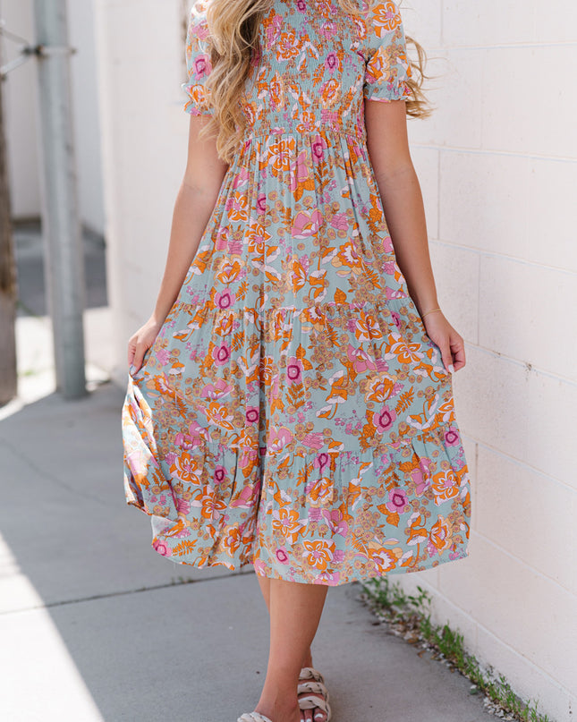 Floral Flounce Sleeve Round Neck Midi Dress