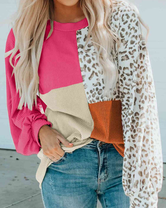 Color Block Leopard Round Neck Sweatshirt