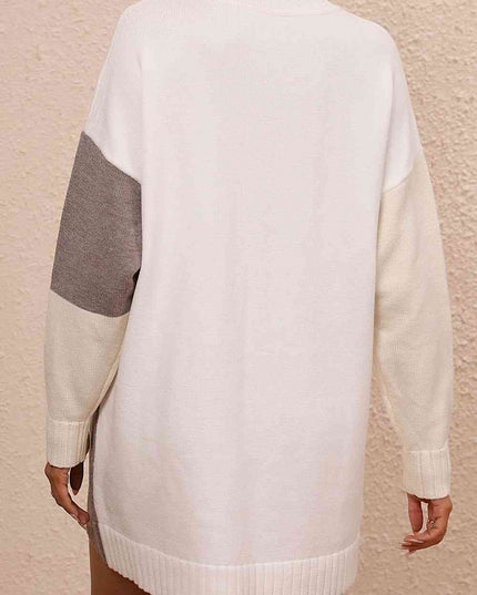 Color Block Mock Neck Dropped Shoulder Sweater Dress