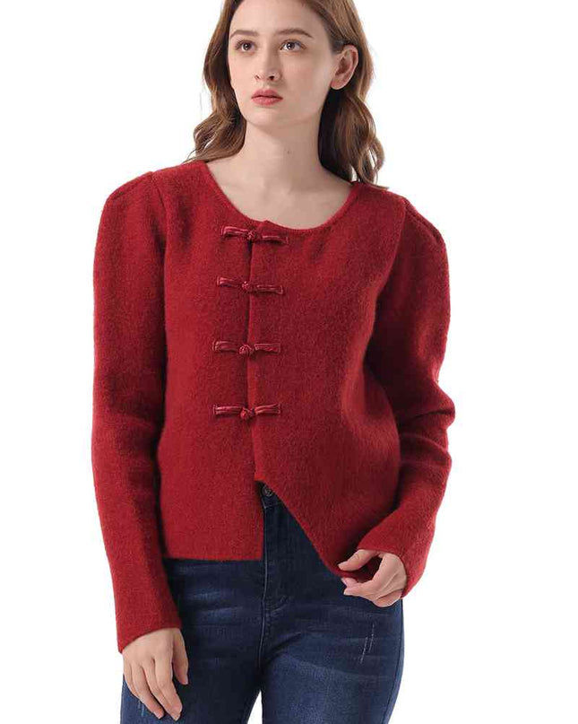 Round Neck Long Sleeve Frog Button Cardigan