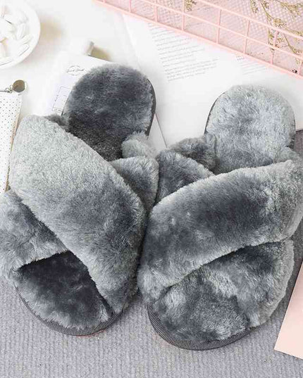 Faux Fur Crisscross Strap Slippers