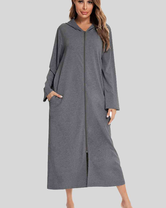 Zip Front Hooded Night Dress with Pockets